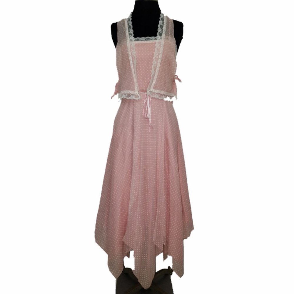 Vtg 70s 2 Pc Pink Hanky Hem Sun Dress w Jacket 5/6